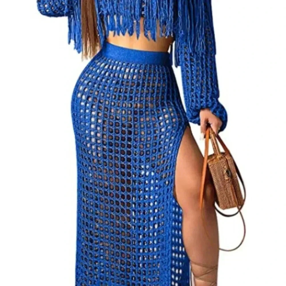 EXCLUSIVECB LUXURY WOMENS BLUE LOUNGE SET CROP TOP W/ MAXI SKIRT